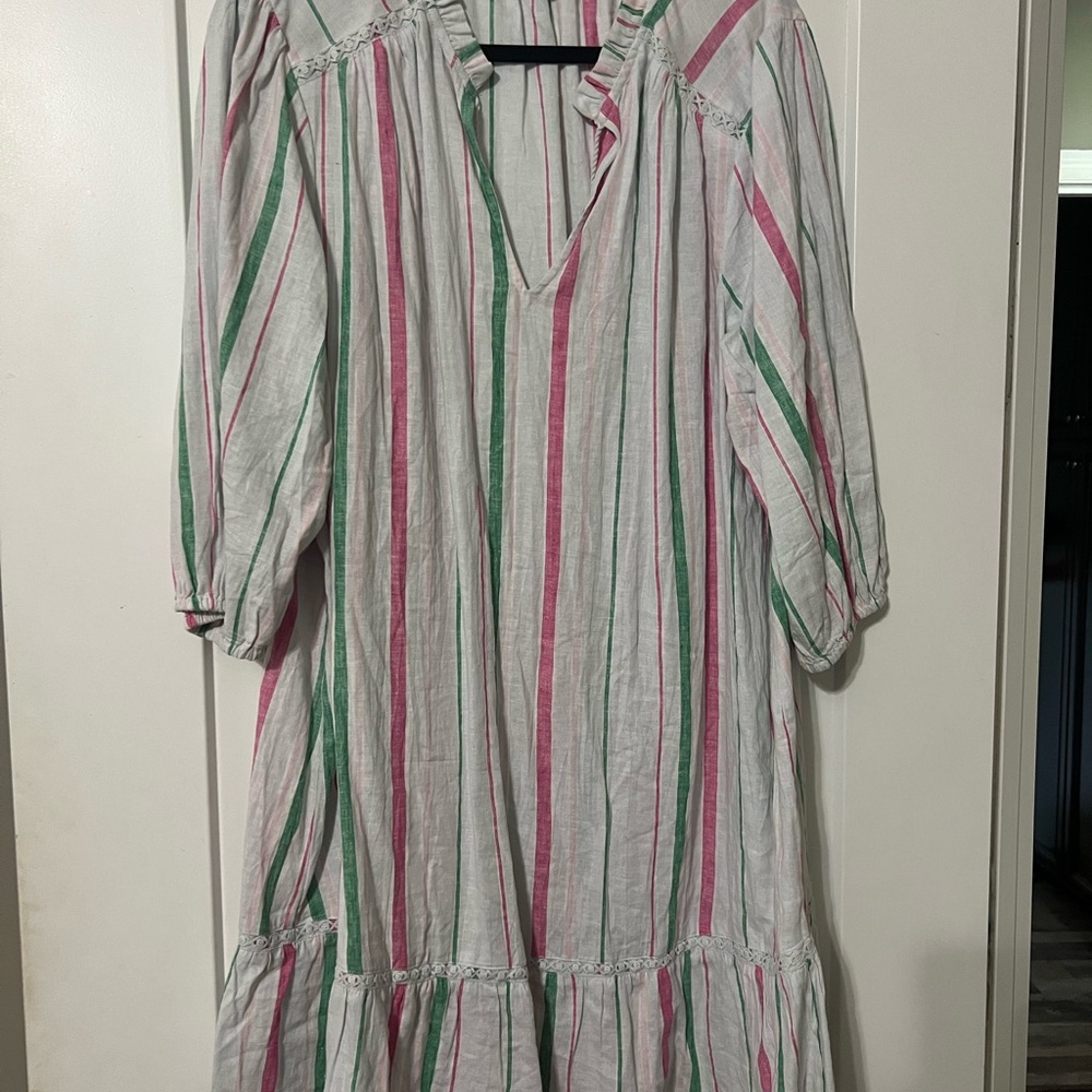crown & ivy White Mini Dress with Pink and Green Stripes